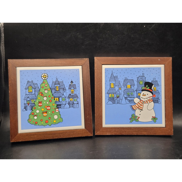 Trivets 2 Jasco Christmas Tree & Snowman Tile Wood Framed 5.25 Inch Square Vtg - Picture 3 of 12